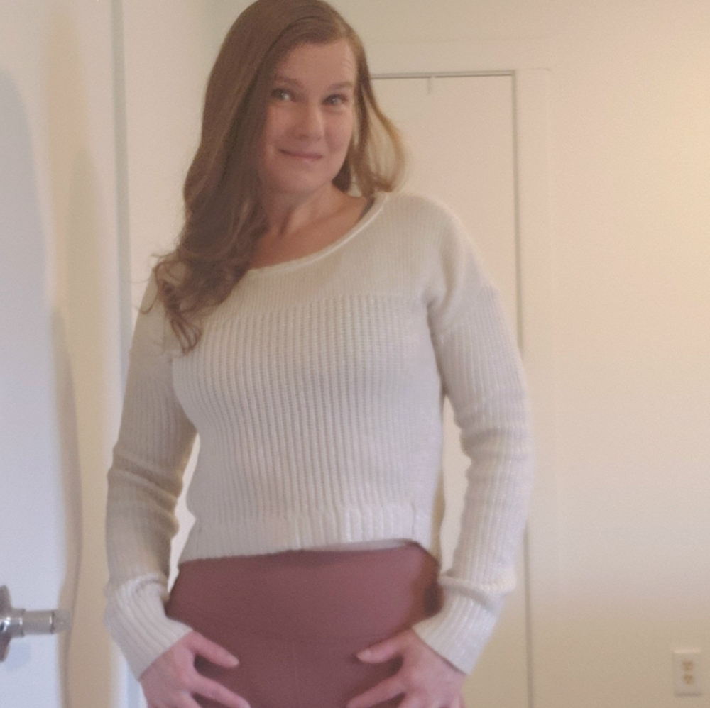 Cream w/ silver AE high-low cropped sweater